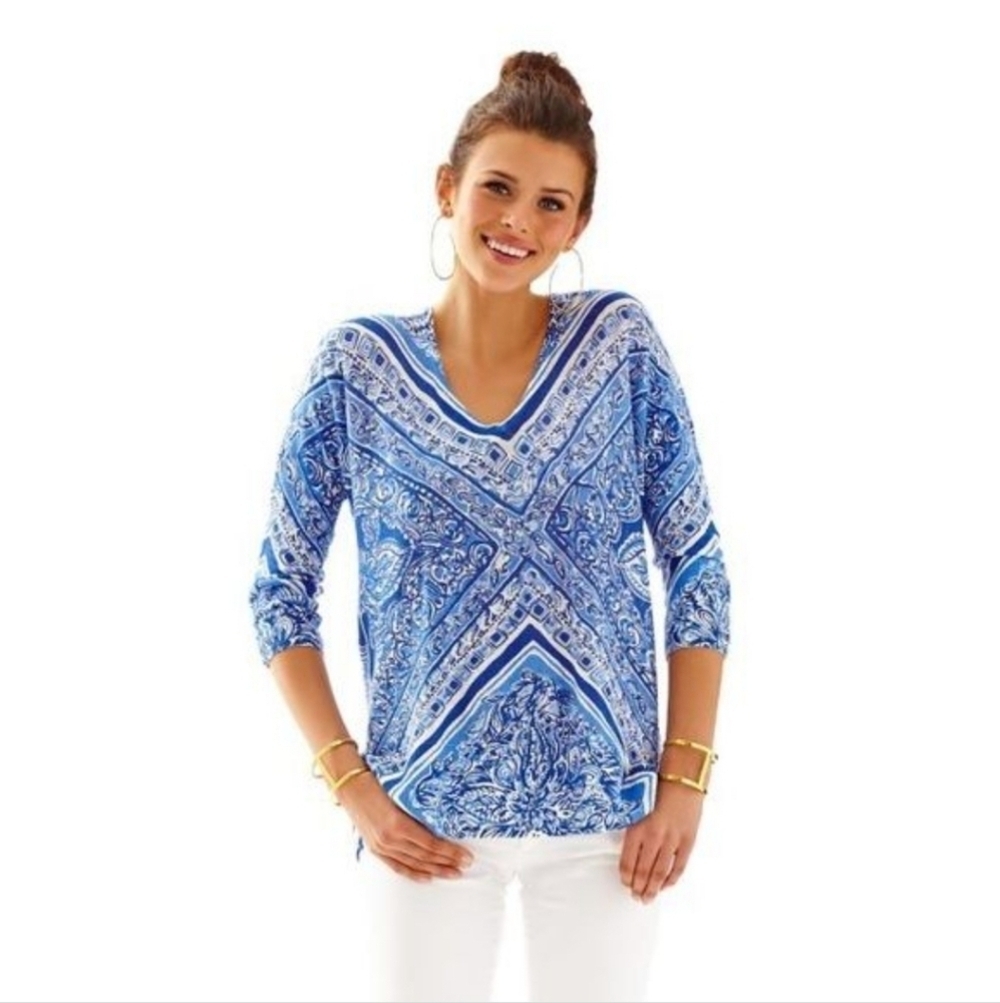 Lilly Pulitzer Jameson 100% Linen Tunic Top Size XS/S Blue Crush Floral Roomy